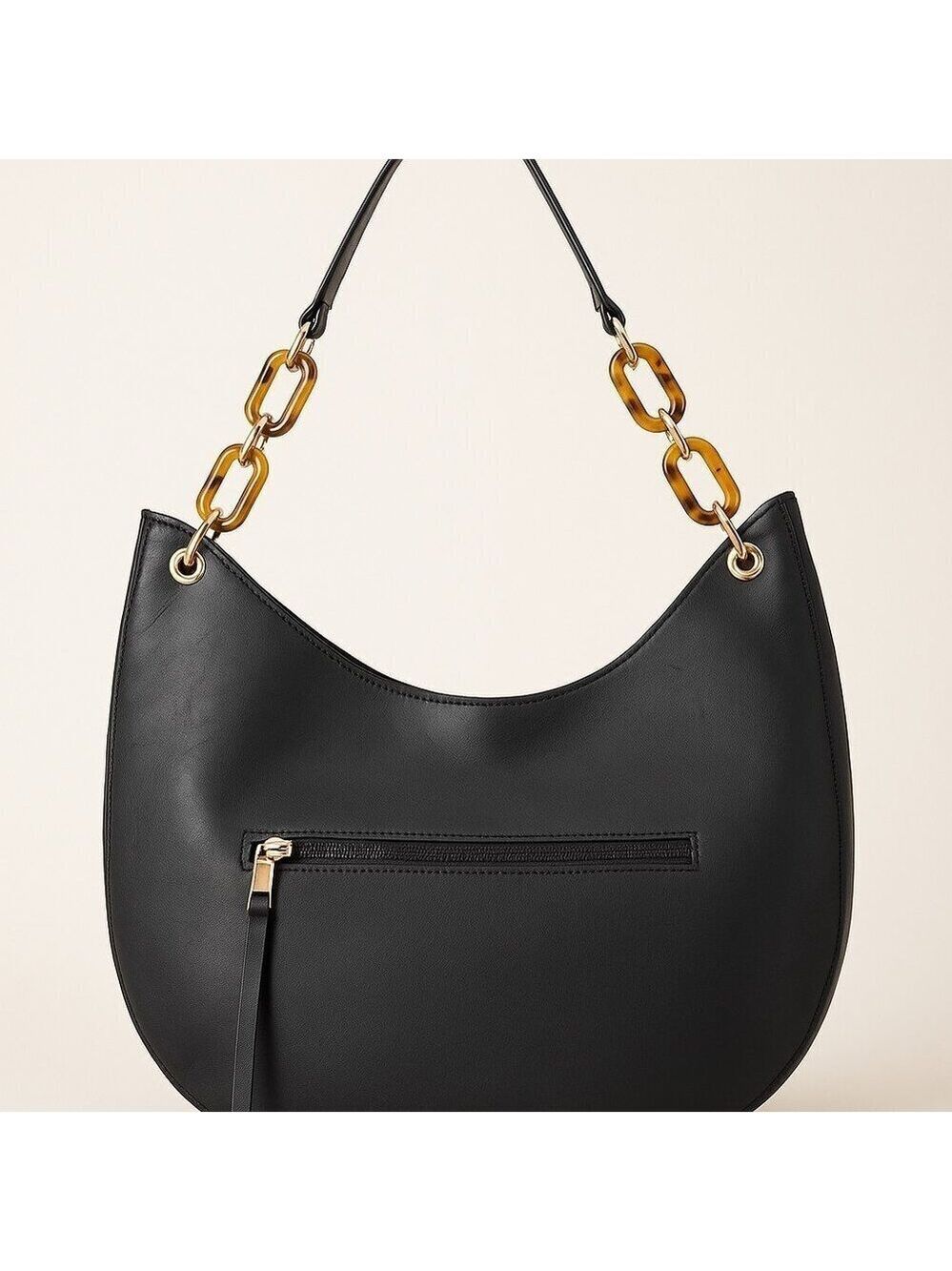 Est. 1946 Black Faux Leather Hobo Bag – Tortoise Chain Shoulder Strap